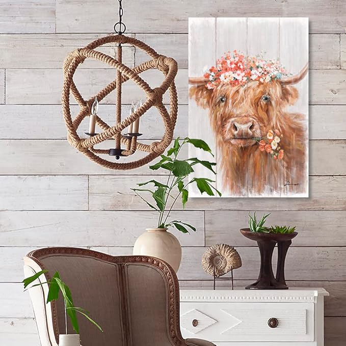 Highland Cow Canvas Farmhouse Decor: Funny Cow Wall Art with Flowers Staring at You Rustic Farm Wood Planks Unique Cattle Posters for Bathroom Framed Size 16"x24"