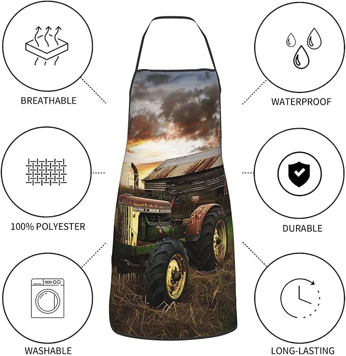 Old Tractor Photo Farm Printed Adjustable Chef Apron with Pockets - Unisex Cooking Apron for Kitchen Grill Painting & Restaurant Use