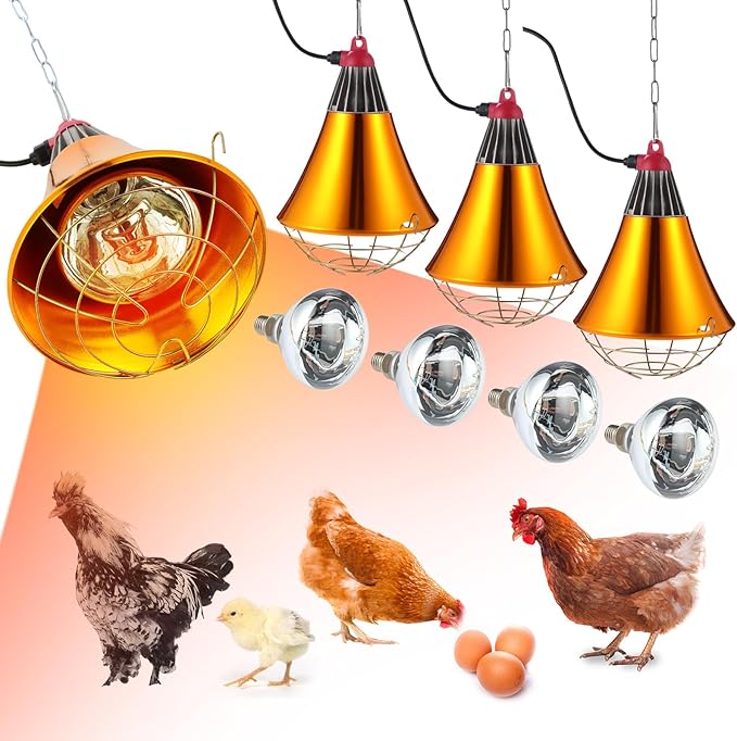 Honoson 4 Pcs 250w Chicken Heat Lamp for Winter Chicken Coop Heater Brooder Heater with Heat Lamp Aluminum Alloy Shade & 6.6' Hanging Chain Radiant Chick Coop Accessories Heated Warmer for Chick Pet