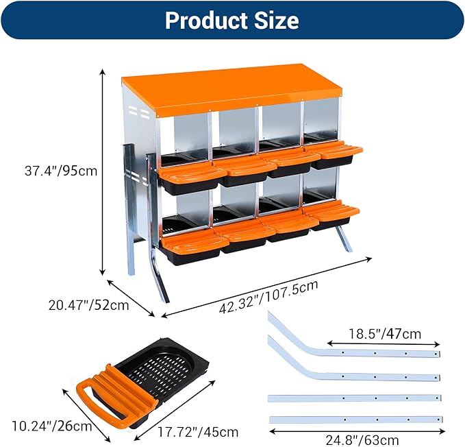 GarveeLife Chicken Nesting Box, 8 Compartments Nesting Boxes for Chickens, Chicken Laying Boxes with Legs, Roll Away Nesting Box for Chickens Laying Egg with Lid Cover to Protect Eggs, Orange