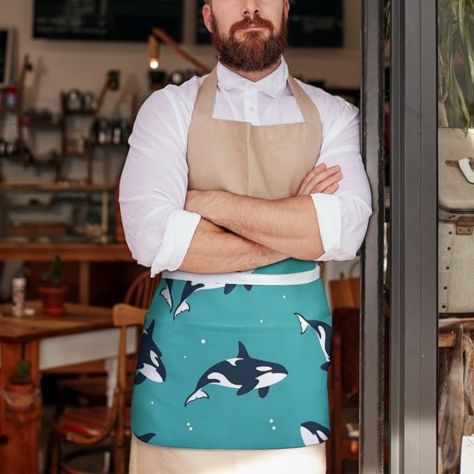 Unisex Apron for Cooking Server Waitress Half Waist Apron with 3 Pockets
