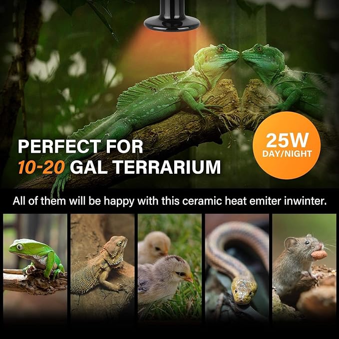 Simple Deluxe 25W Mini Reptile Heat Lamp Bulbs, Pack of 4 Ceramic Heat Emitters for Amphibian Pet & Incubating Chicken (Black, 25 Watts)