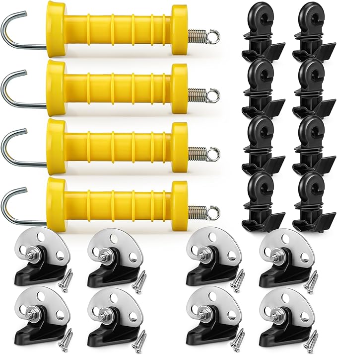 Tondiamo 4 Sets Electric Fence Gate Handle Set with Anchors and Insulators Including 4 Pcs Plastic Electric Fence Gate Handle with Spring, 8 Pieces Anchor Set, 8 Pieces Black Insulators