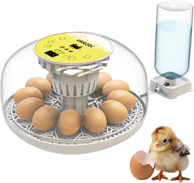 Okkobi M12 Egg Incubator with Automatic Turner and Humidity Control - 12/24 Eggs, 360° View, Easy to Use and Clean - Incubadora de Huevos de Gallina - Incubators for Hatching - White & Yellow