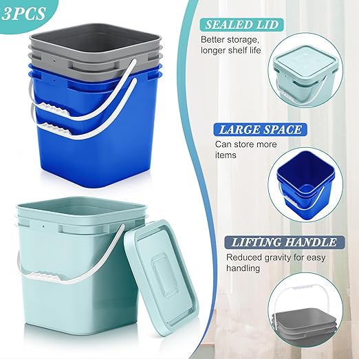 Mumufy 3 Pcs 3.5 Gallon Square Food Grade Bucket with Lid Square Bucket Pail Plastic Handles for Long Term Food Storage, Camping, Fishing, Home Organization Easy Stack and Store (Aqua,Gray,Blue)