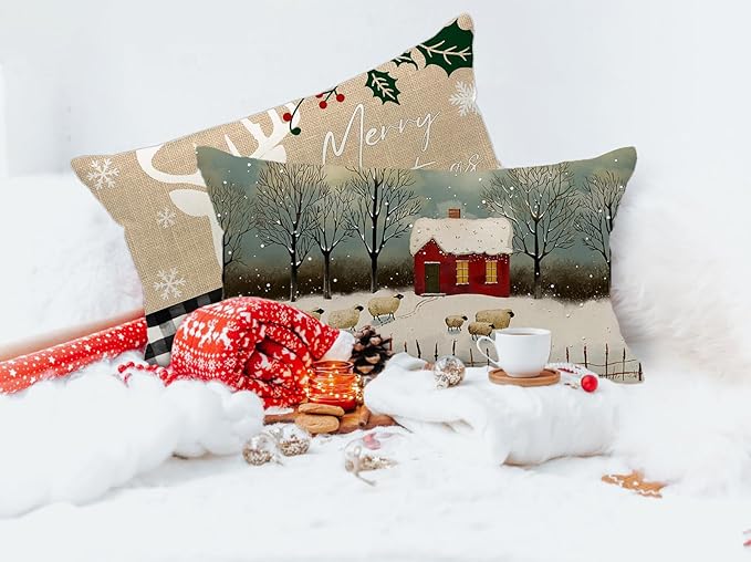 Christmas Sheep Pillow Cover 12x20 Inch Sheep Red Wonderland Forest Tree Decoration Holiday Farmhouse Pillow Case Decor for Home Sofa Couch