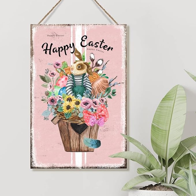 Happy Easter Flower Basket Bunny Signs Wood Decor French Style Floral Pink Stripes Wood Wall Plaque Spring Easter Greetings Sign Wall Decor Kitchen Laundry Room Wall Decor 12x18in