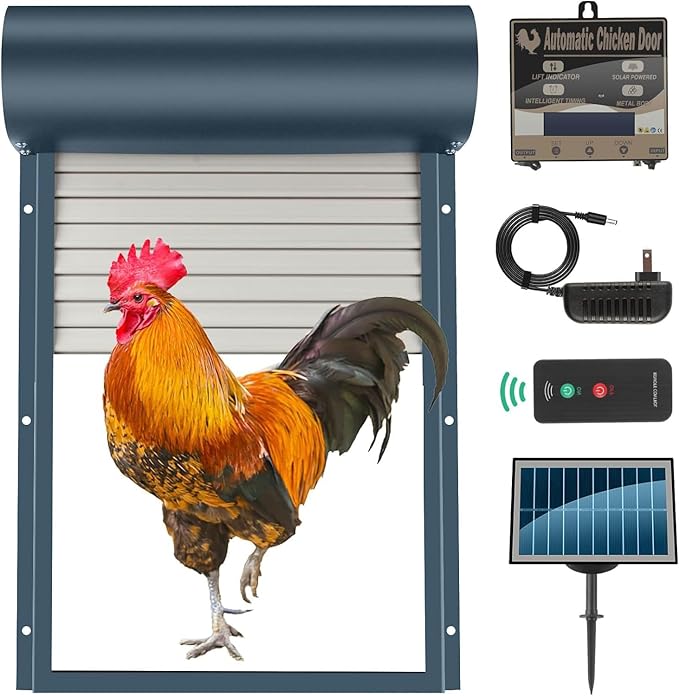 Automatic Chicken Coop Door Solar Powered Chicken Coop Accessories with Timer & Light Sensor Mix 4modes, Remote Control Anti-Pinch Auto Switch Waterproof Aluminum Chicken Door,Gray