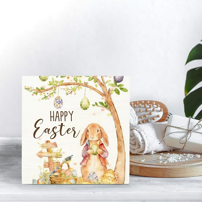 Rustic Easter Bunny Wooden Box Sign Desk Decor, Happy Easter Rabbit with Egg Spring Botanical Wood Signs for Bedroom Home Office Desk Table Shelf Decorations, 5x5 Inch