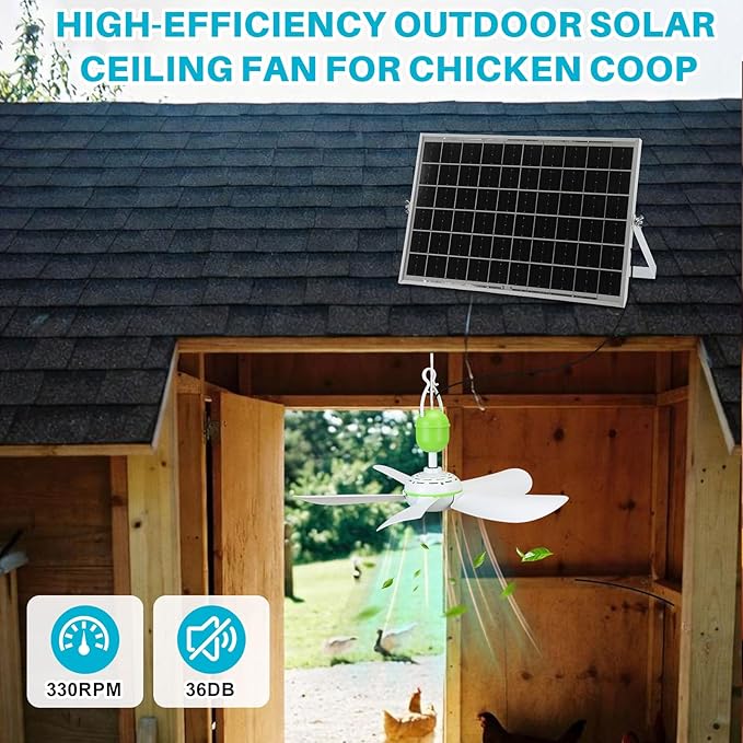 1 Set Solar Powered Ceiling Fan Kit for Outdoor Portable 15 W Solar Panel Powered USB Small Hanging Fan Dual Charging Modes for Chicken Coop Tent Greenhouse Gazebo Shed