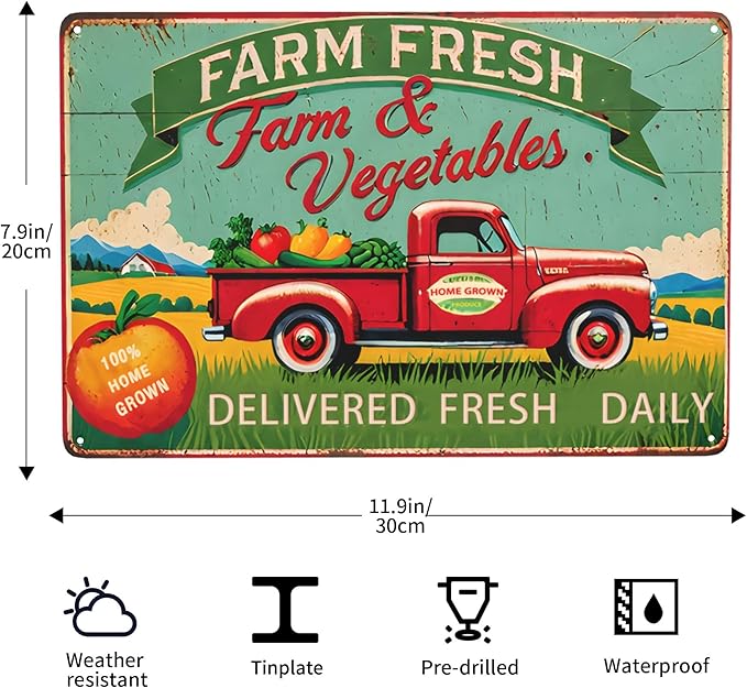 Vintage Farm Fresh Fruits & Vegetables Metal Tin Sign - Rustic Wall Art Decor for Kitchen, Bar, for Man Cave, Garage, Yard - 12x8 Inch Retro Farmhouse Tin Signage, Country Style | Durable Artwork