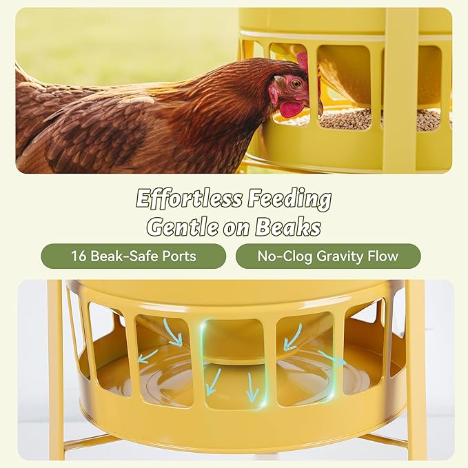 KOL Chicken Feeder No Waste for Coop & Outdoors, 16 Port 50lbs Poultry Feeder with Spill-Control Design, Rust-Proof Powder Coated Metal & Smooth Safe Edges (Yellow)