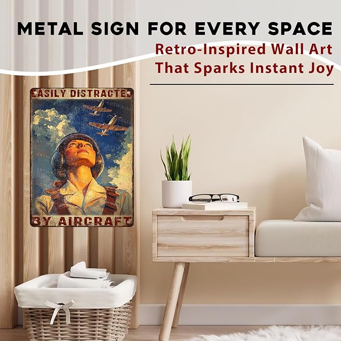 Airplanes Sign for Home Decor Easily Distracted By Airplanes Vintage Metal Poster Retro Art Decor for Backyard Garage Man Cave Shed Office Craft Room 12x16inch