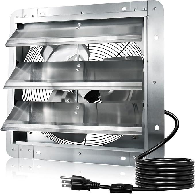 Hiorucet 12 Inch Wall Mounted Shutter Exhaust Fan with 1.8m Power Cord, 1030CFM High Speed Low Noise Aluminum Louvered Exhaust Fan for Greenhouse, Garage, Shop, Attics, Chicken Coop Ventilation Fan.