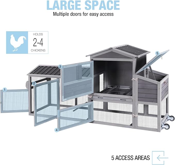 Large Chicken Coop with Run, 80.5’’ Chicken Tractor with Wheels, Wooden Hen House Poultry Cage with Plastic Waterproof Roof and Nesting Box, Leakproof Pull-Out Tray
