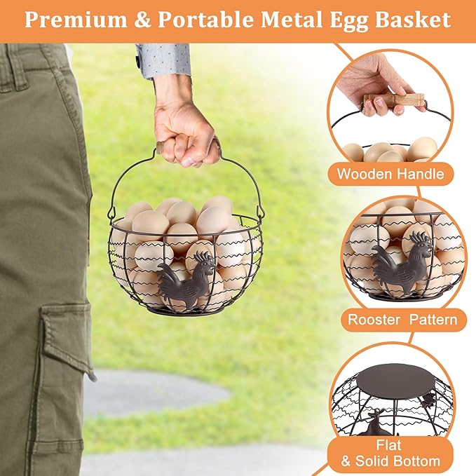 Farmhouse Egg 8'' Basket for Gathering Fresh Eggs, Rustic Metal Wire Chicken Eggs Holder Basket for Countertop Kitchen, Wire Egg Basket Vintage Style, Round, Rooster Pattern, Solid Bottom