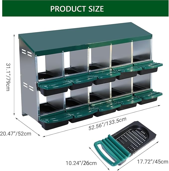 Chicken Nesting Boxes, 10 Holes Metal Chicken Egg Laying Box with Swing Perch and Rollout Egg Collection,for Various Chicken Breeds Without Stand - Green 0.6mm