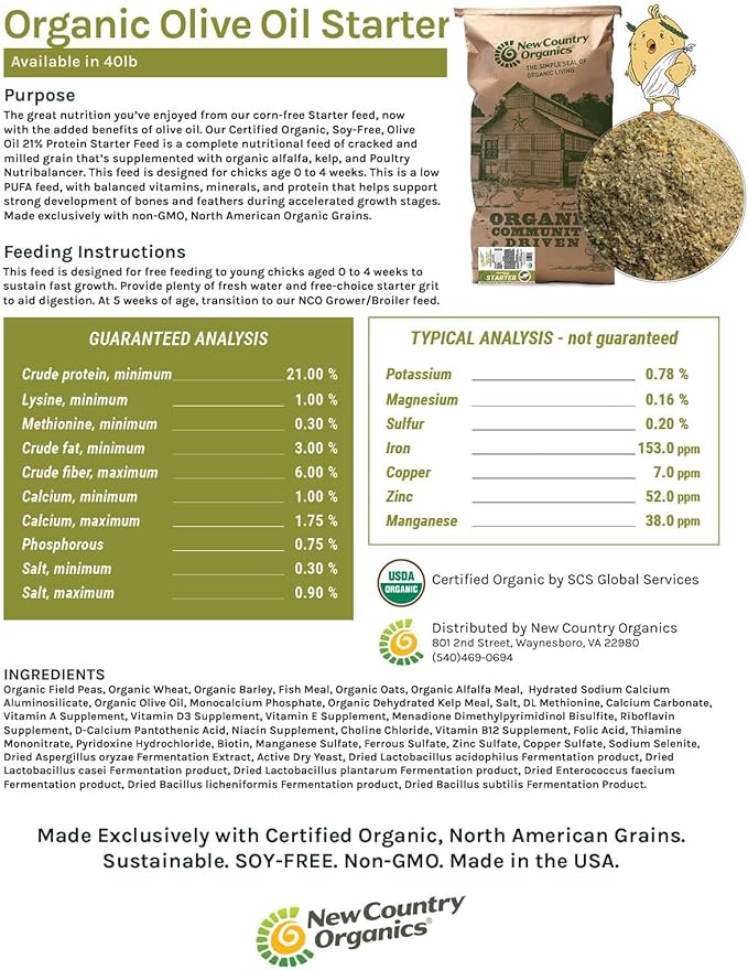 New Country Organics | Olive Oil Starter Feed for Baby Chicks | Corn-Free and Soy-Free | 21% Protein | Certified Organic and Non-GMO | 40 lbs