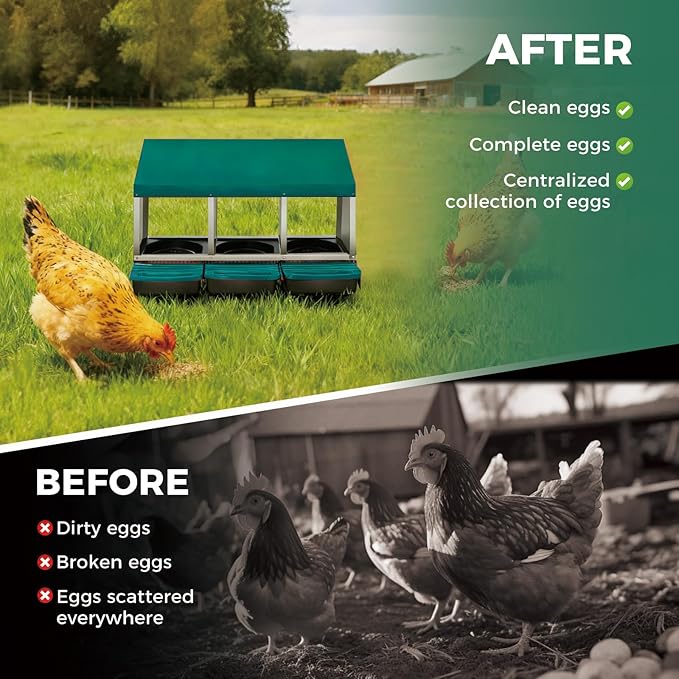 Chicken Nesting Boxes with Rollout Egg Collection – 3-Compartment Metal Hen Nest Box with Removable Trays, Slanted Roof & Ventilation, Wall Mount or Standing for Backyard Poultry Coop, Green