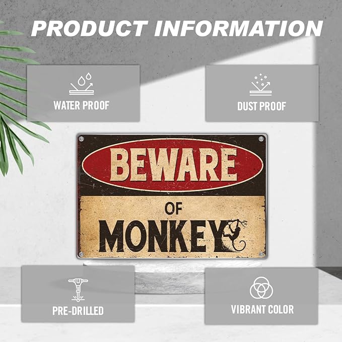 Vintage Beware Of Monkey Metal Sign Funny Warning Wall Decor 12 x 8 Inch Retro Tin Plaque For Man Cave Garage Home Bar Yard Art Outdoor Aluminum Indoor Kitchen