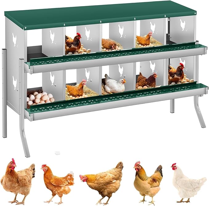GarveeLife Chicken Nesting Box, 10 Compartments Nesting Box for Chickens, Two-Tier Galvanized Steel Chicken Egg Laying Box with Large Vented Holes Wall Mounting for Easy Egg Collection