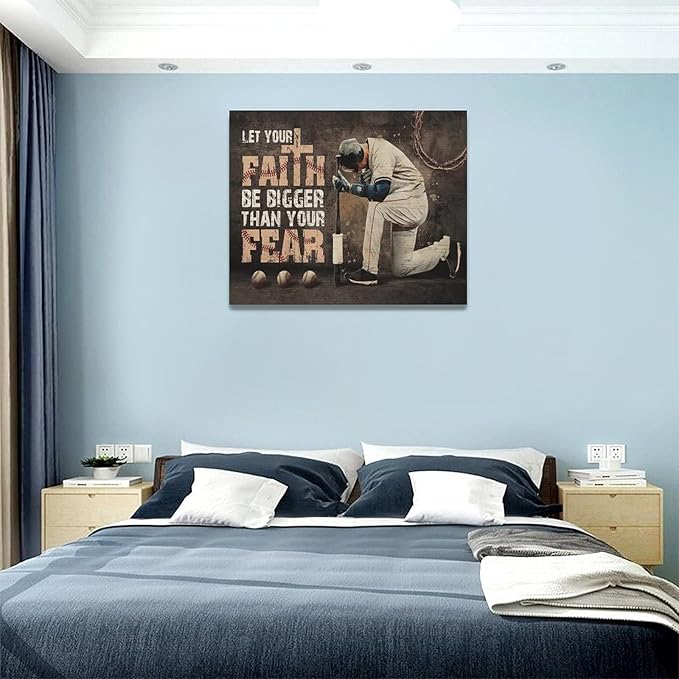 Christian Baseball Wall Art Sport Theme Teen Boy Room Wall Decor Inspirational Quotes Pictures Canvas Prints Artwork Baseball Decor For Boys Room Playroom Bedroom Gym Framed 20"x16"