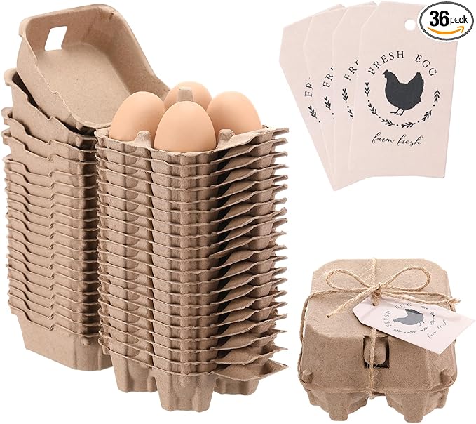 36 Pcs 4 Count Easter Egg Carton Bulk Half Dozen Reusable Natural Pulp Paper Cardboard Egg Carton Colored Storage Easter Gift Box with Label Jute Rope for Kitchen Market Farm (Natural)