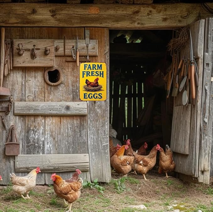 Funnysign Vintage Farm Fresh Eggs Chicken Tin Sign for Chicken Coop Farm Kitchen Garden Yard Decor 8x12 inch(3881)