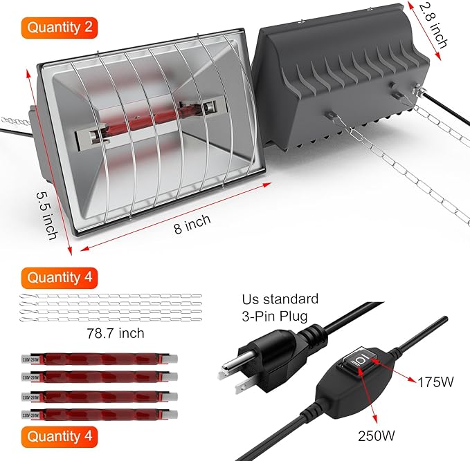 2 PACKS Chicken Coop Heater, Aluminum Brooder Heater Lamp for 30 Chicks or Duckling, 4*250 Watts Heating Plate Lamp Tube with 2 Adjustable Temperature & 8 feet Iron Chain for Amphibians Livestock, Pet