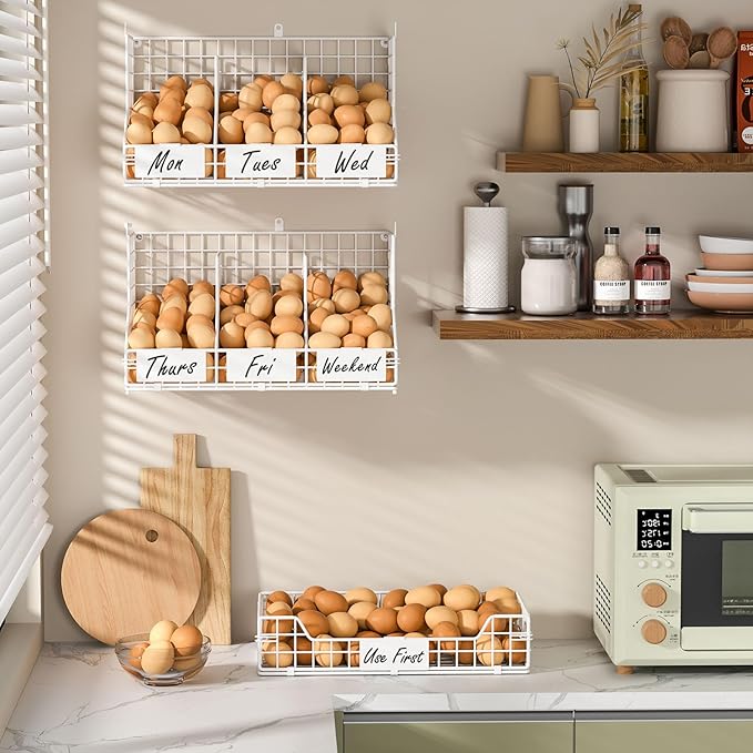 X-cosrack Egg Holder Countertop, 3 Tier Egg Rack with Labels Dividers to Separate Eggs, Stackable Wire Baskets for Fresh Egg, XXL Egg Dispenser for Countertop/Wall-Mounted, White (Patent Pending)