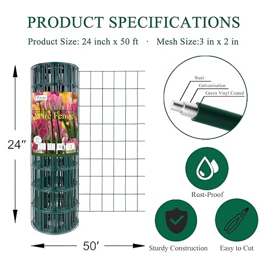 Green PVC Coated Welded Wire Fence 24 Inch x 50 Foot, 2 Inch x 3 Inch 16GA, Garden Border Fencing Roll Vinyl Coating Metal Wire Mesh for Yard Vegetable Plant Protection Poultry Netting