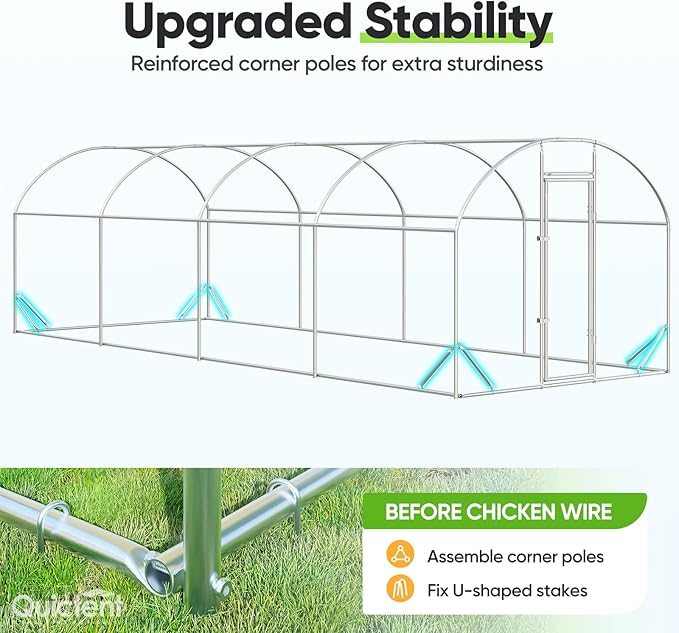 Quictent Essential Series 24x9x6.6ft Metal Chicken Coop Run with Climbing Ladder, Walk-in Outdoor Poultry Cage with PVC Coated Chicken Wire, Hen Duck Rabbit Farm House, Waterproof Anti-UV Cover