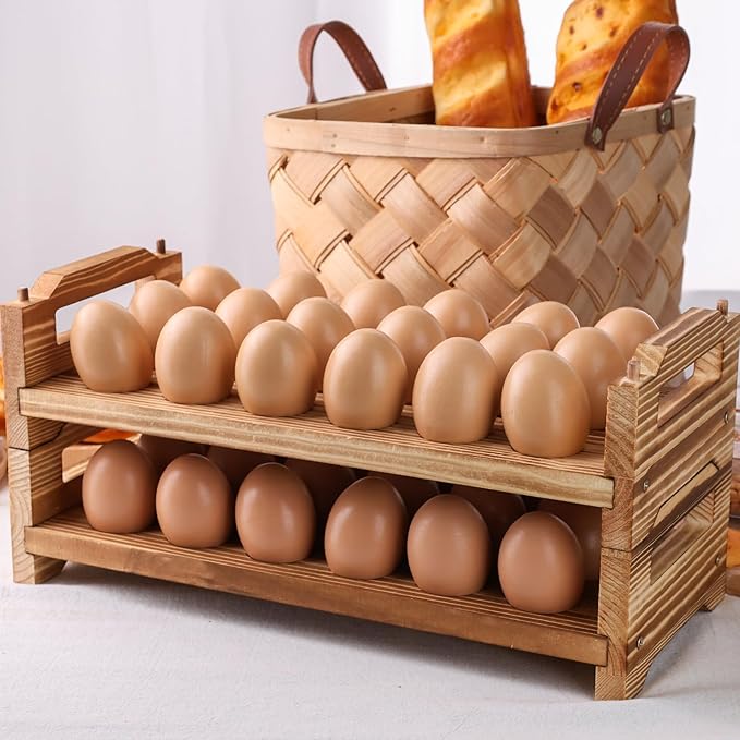 HANSGO 2PCS Countertop Wooden Egg Holders, Egg Container Racks Egg Storage Trays for 18 Fresh Eggs