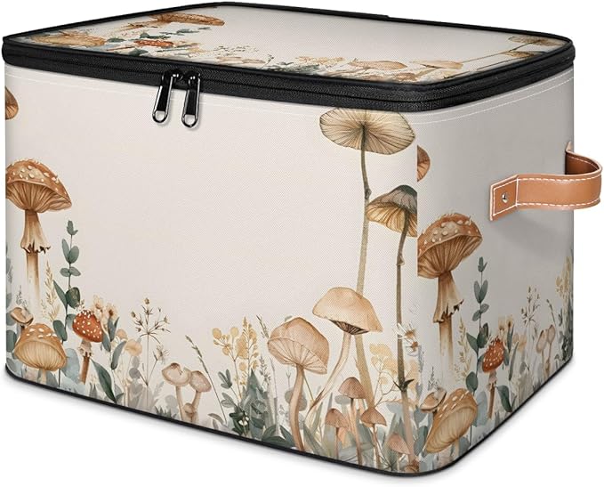 Mushroom Flower Storage Bins With Lids Fabric Collapsible Storage Box with Leather Handles for Home Bedroom Foldable Closet Shelf Organizer