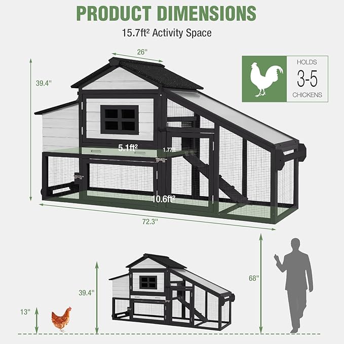 Chicken Coop with Run Large Hen House on Wheels Chicken House Poultry Cage with Nesting Box, Leakproof Pull-Out Tray, Waterproof Roof for 3-5 Chickens (Black, 72.3" L x 26" W x 39.4" H)