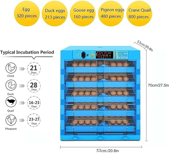 Egg Incubator Automatic Turning Digital Machine Poultry Breeder with Temperature Control and LED Candler for Hatching Chickens Duck Quail Birds 320 Eggs