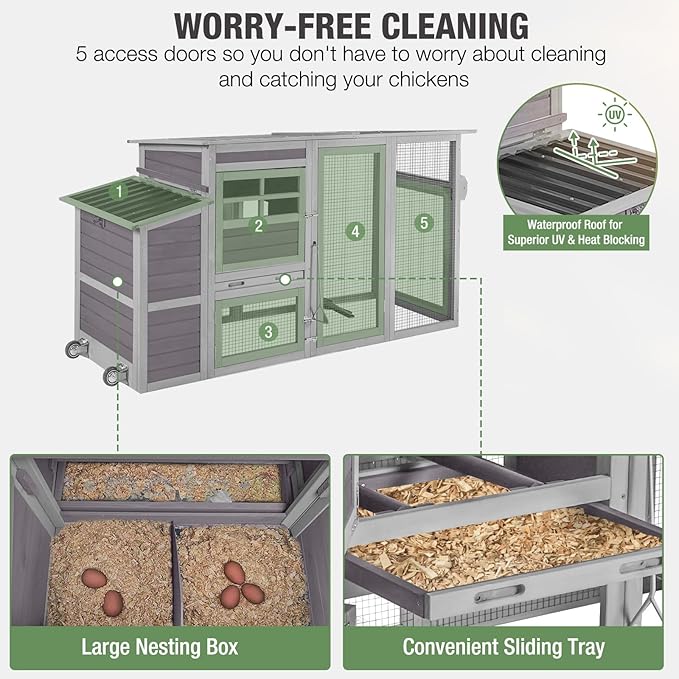 Mobile Chicken Coop with Run, Large Wooden Hen House Poultry Cage with Wheels, Weatherproof Roof, Sectionable Nesting Box, Pull-Out Tray for 3-5 Chickens, 74.9" L x 26" W x 39.4" H (Grey)