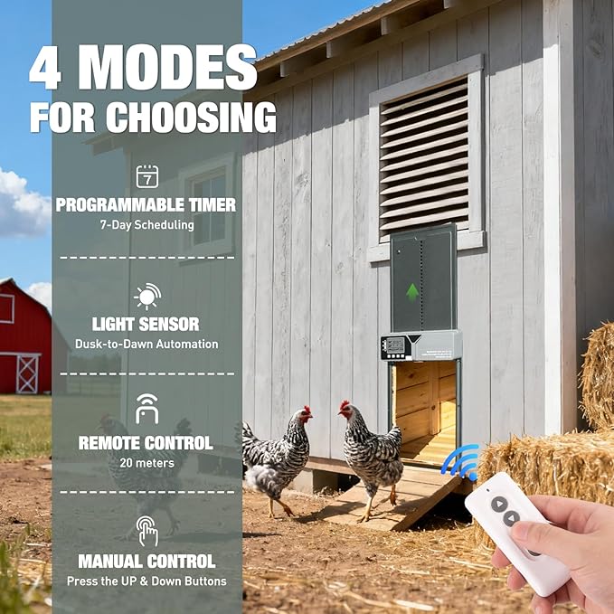 Large Automatic Chicken Coop Door, Solar Powered with Upgraded 4000mAh Battery, Light Sensor, Timer, Remote & Manual Control, Anti-Pinch Safety Auto Door for Chickens, Ducks & Geese, Grey
