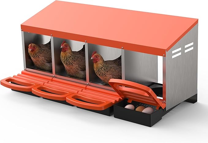Metal Chicken Nesting Box with Easy-Collect Tray & Lid – 3/4/2x2 Compartment Heavy Duty Roll Away Nesting Boxes for Chickens, Wall Mount or Freestanding, Galvanized Steel Hen Laying Box for Coop