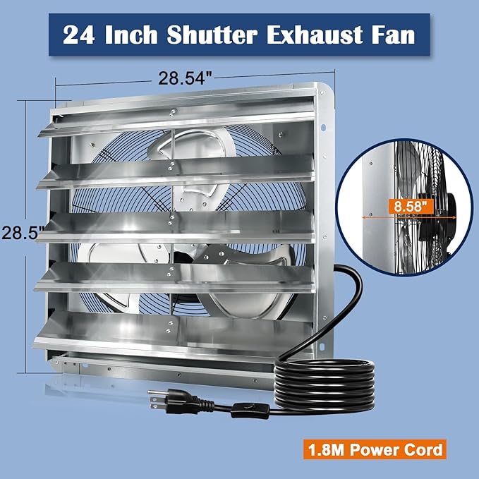 Hiorucet 24 Inch Shutter Exhaust Fan Wall Mounted, 4244 CFM High Speed Low Noise Aluminum Louvered Exhaust Fan with 1.8m Power Cord for Greenhouse, Garage, Shop, Attics, Chicken Coop Ventilation Fan.