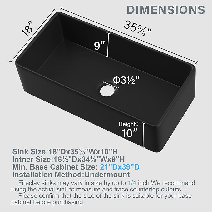Extra Large Black Farmhouse Sink 36 x 18 Inch, MIN. Base Cabinet Size: 21"Dx39"W, Firecaly Apron Front Undermount Farm Sink Single Bowl for Kitchen, w Accessories 2 Types