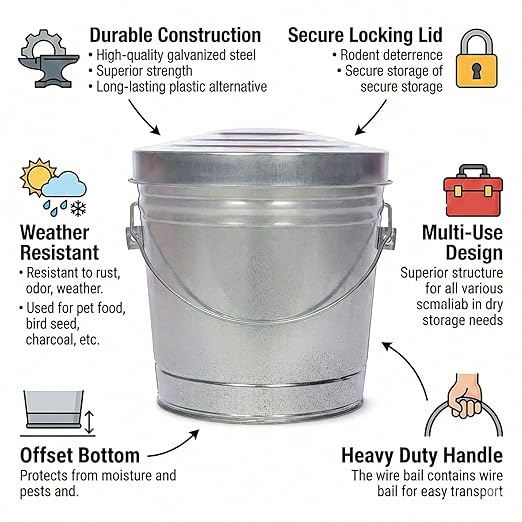 6 Gallon Galvanized Steel Storage Can with Locking Lid – Heavy Duty Metal Pail for Pet Food, Bird Seed, Ash & Charcoal, Rust Resistant & Weatherproof Outdoor Bin