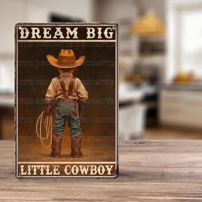 DecoMyth Vintage Boy Tin Sign Dream Big Little Cowboy Retro Wall Decor Garden Plaque Funny Metal Poster Kitchen Store Cafe Toilet Bathroom Bar Pubs Boys room Living Room Bedroom 12 * 8inch