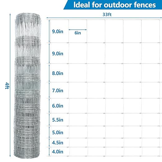 Farm Fence, 4ft X 33ft Wire Fence, Goat Cattle Deer Livestock Fence, Galvanized Woven Hog Wire Fencing,Fencing for Yard and Animals Protection