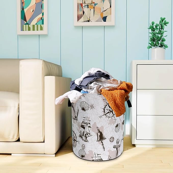 Compass Anchor Sailboat Nautical Laundry Basket Oxford Cloth Laundry Hamper With Handle Foldable Portable Clothes Storage Basket 18.9 X 16.5 Storage Bag For Laundry Room/Bathroom/Bedroom/Dormitories