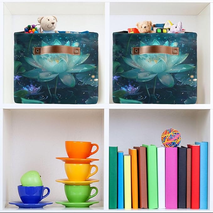 JIPONI Glowing Lotus Fabric Storage Bins for Shelves, Decorative Storage baskets for organizing, Closet Organizer with Handle for Cloth, Toys, Bedrooms, Farmhouse