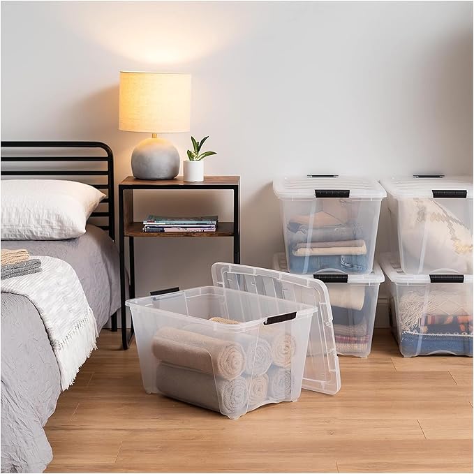 IRIS USA 12 Pack WeatherPro 54 Quart Stackable Storage Tote Bins, Plastic Gasket Box with Tight Latching Lids and Seal, Clear/Black