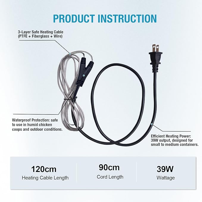 Chicken Water Heated Cord 2 Pack, 39W Chickens Water Heater for Winter, Freeze Proof Chicken Waterer Heater with Long Heating Cord 4FT for Poultry Like Chickens Geese Ducks and Small Animals