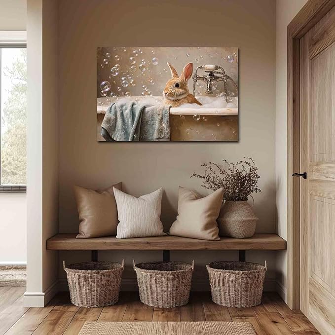 MNFGMH Easter Bathroom Print Vintage Style Bunny in Bathtub Poster for Wall Rustic Farmhouse Easter Wall Art Wooden Frame 16x24 inch