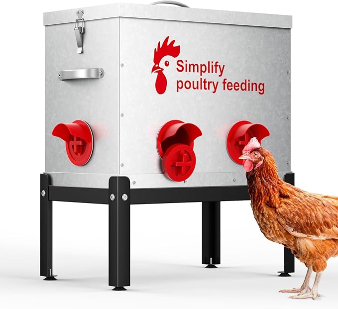 40 lb Large Automatic Chicken Feeder with 6 No-Waste Ports – Outdoor Metal Chicken Feeders with Adjustable Stand, Rodent-Resistant Design & Riveted Handles for Chickens, Ducks & Poultry